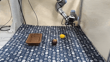 Put the red apple into the bamboo basket